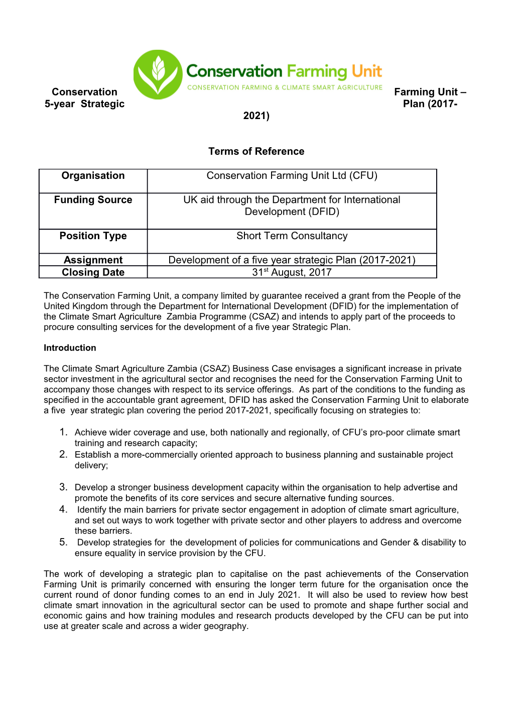 Conservation Farming Unit 5-Year Strategic Plan (2017-2021)