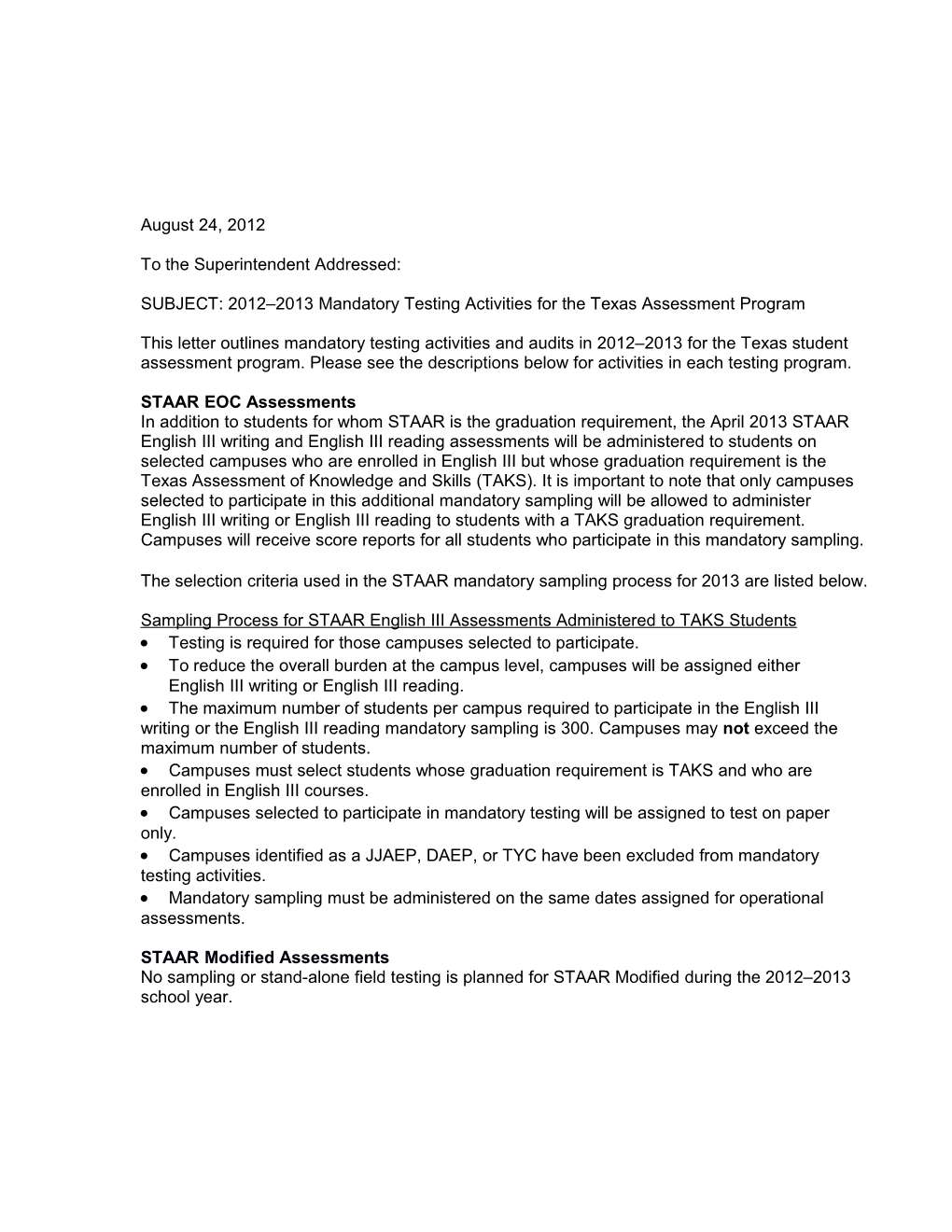 2012 2013 Mandatory Testing Activities for the Texas Assessment Program