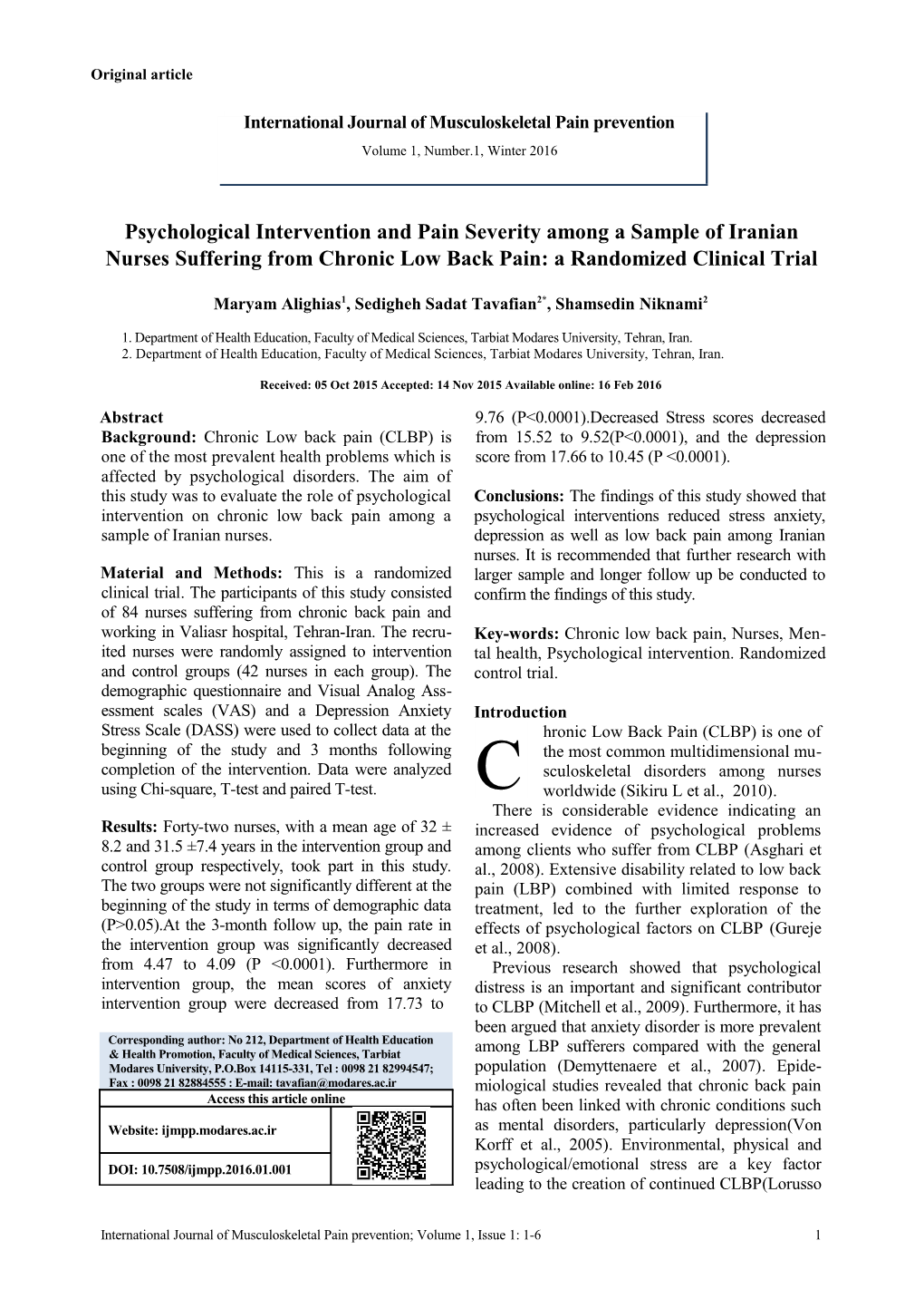 Psychological Intervention and Pain Severity Among a Sample of Iranian K1 Nurses Suffering