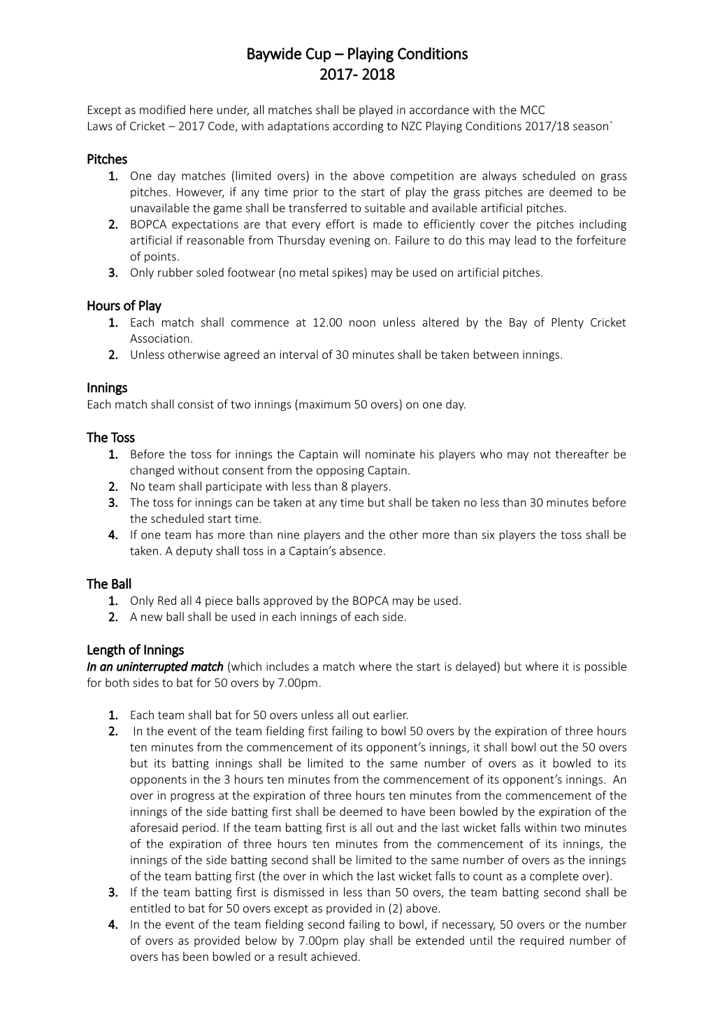 Baywide Cup Playing Conditions