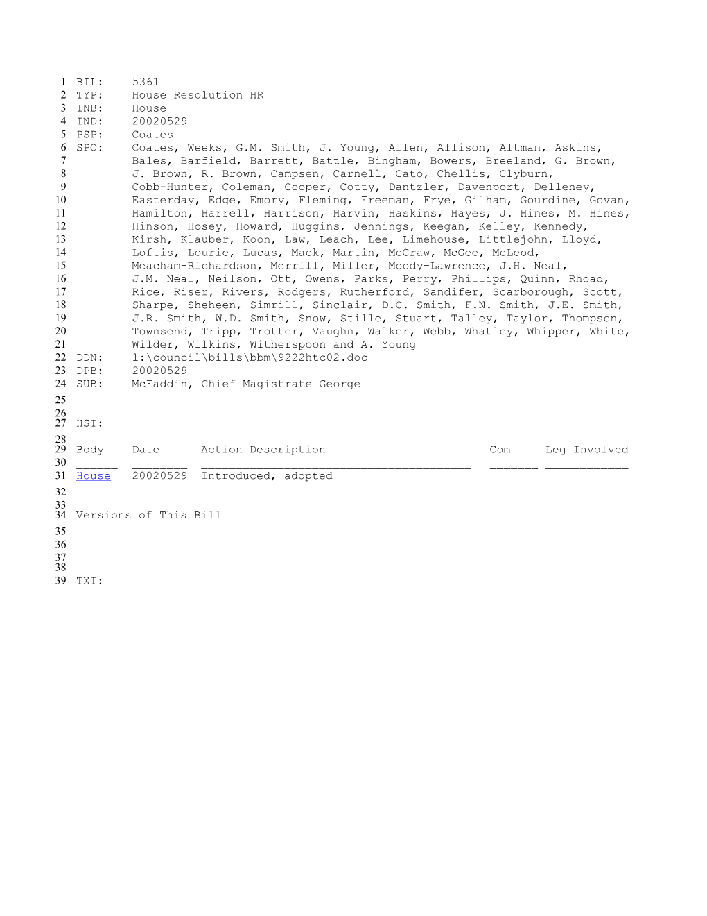 2001-2002 Bill 5361: Mcfaddin, Chief Magistrate George - South Carolina Legislature Online