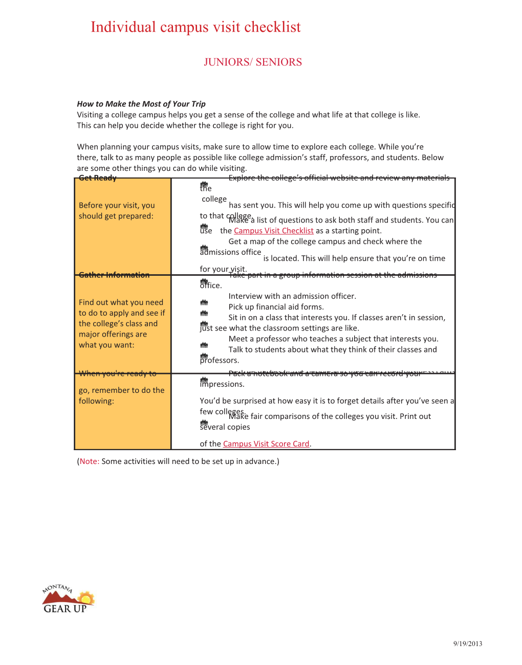 Individual Campus Visit Checklist