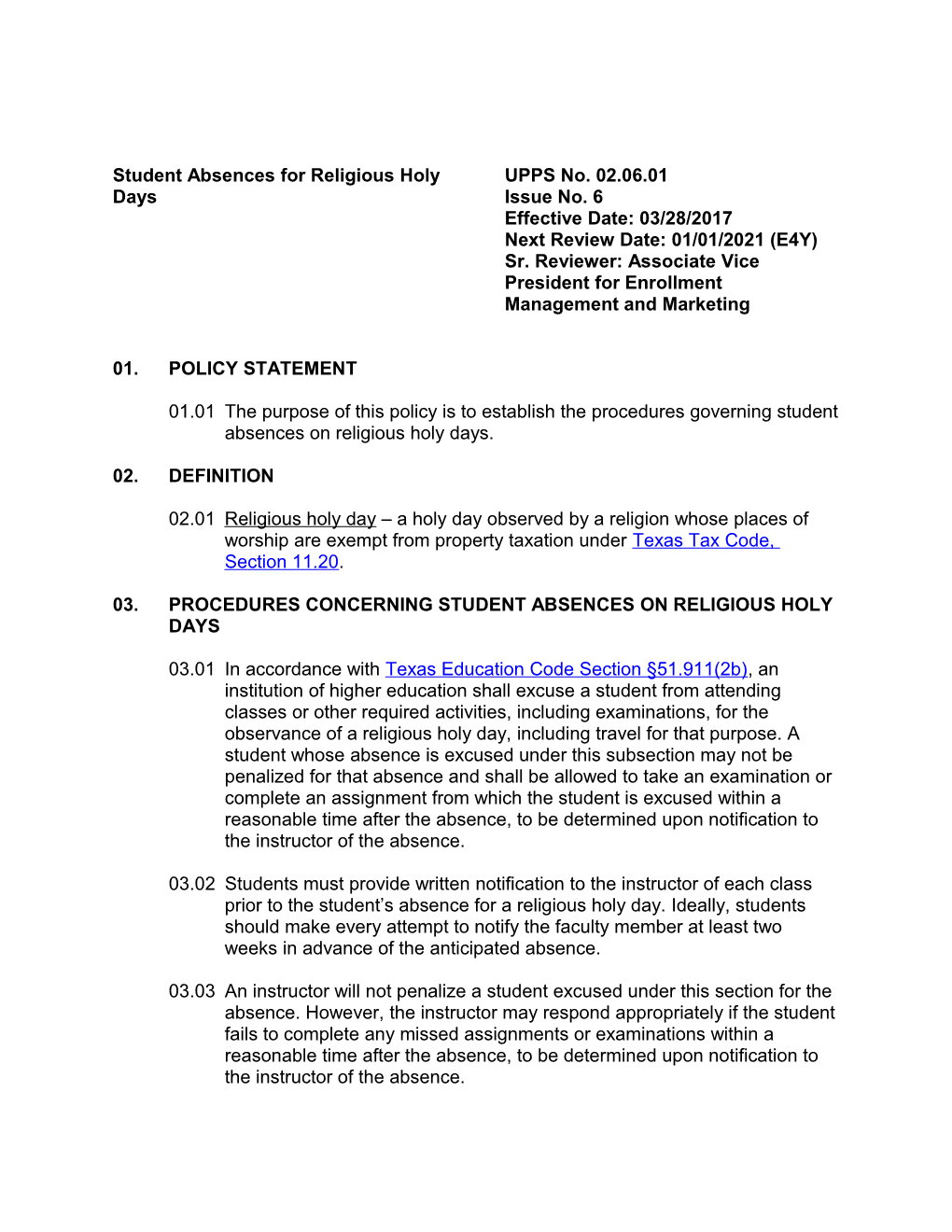 UPPS No. 02.06.01, Excused Absences for Religious Holy Days