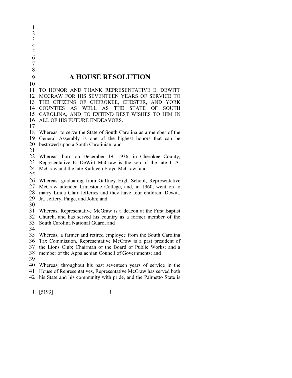 2005-2006 Bill 5193: the Honorable E. Dewitt Mccraw - South Carolina Legislature Online