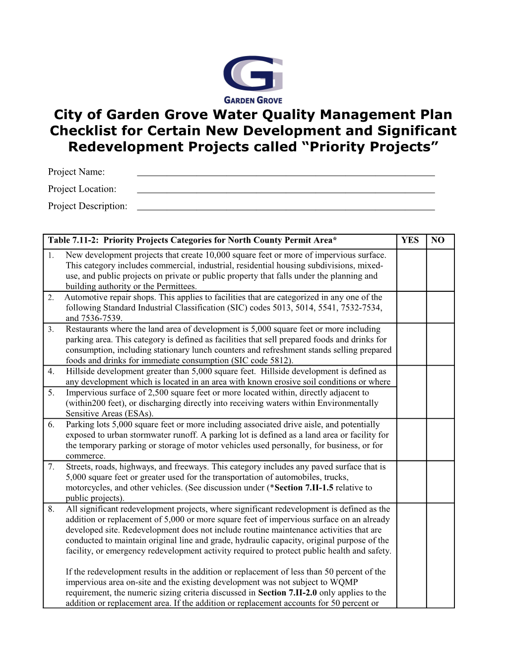 Table 7.11-2: Priority Projects Categories for North County Permit Area*