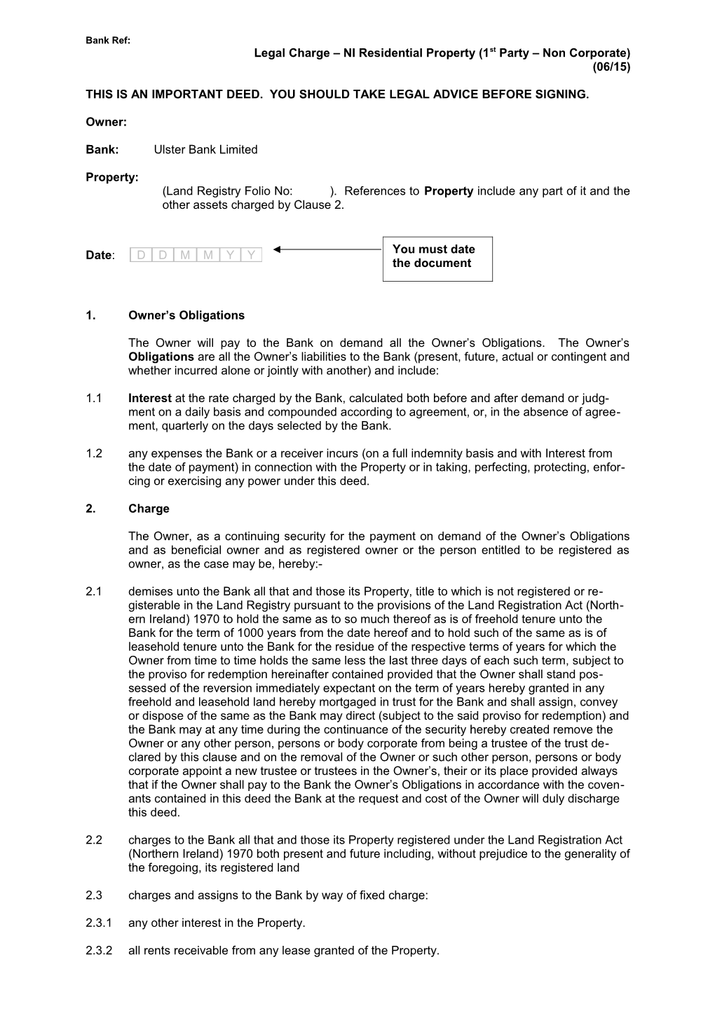 Legal Charge NI Residential Property (1St Party Non Corporate)