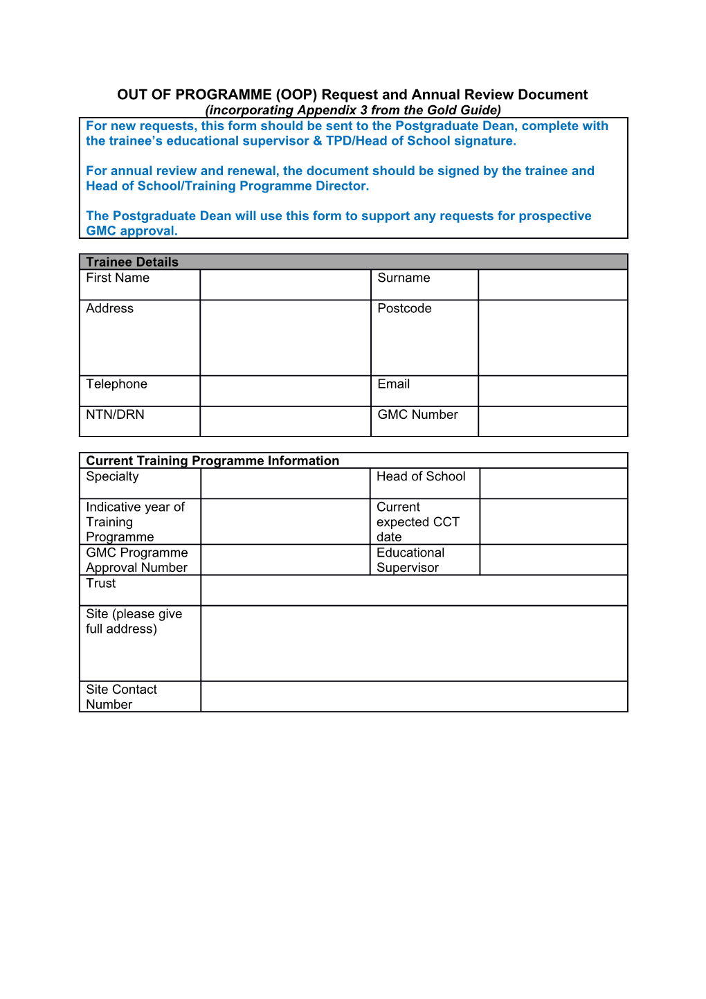 OUT of PROGRAMME (OOP) Request and Annual Review Document