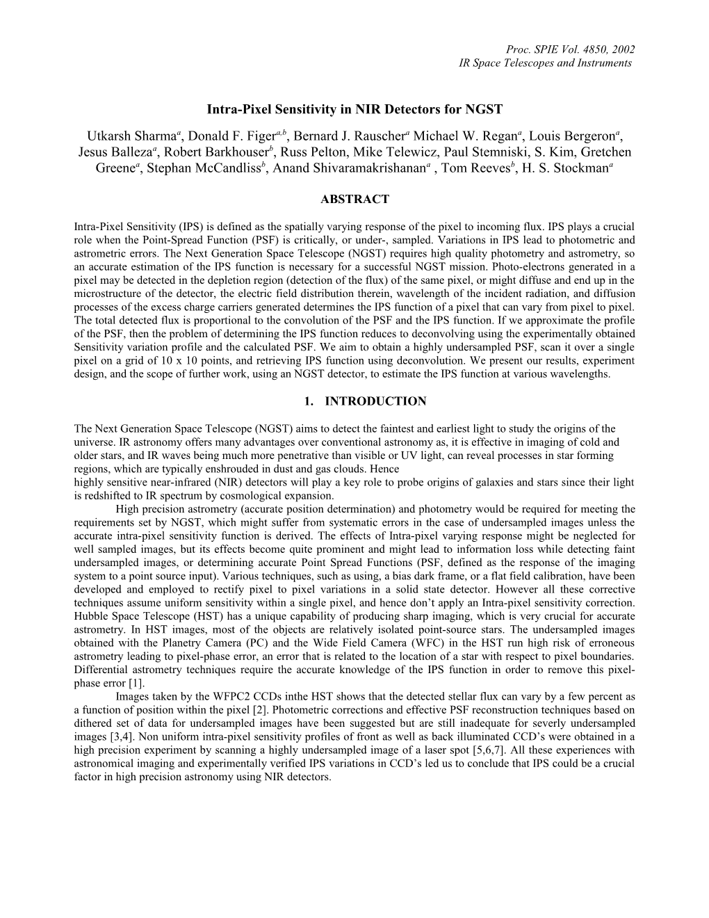 Intra-Pixel Sensitivity in NIR Detectors for NGST