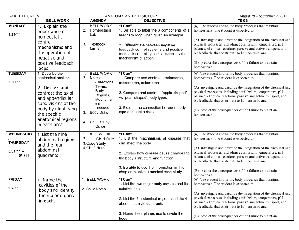 GARRETT GATES ANATOMY and PHYSIOLOGY August 29 September 2, 2011