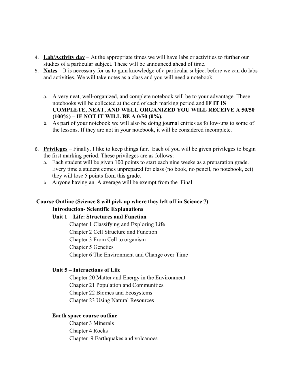 Science 7-8 Earth and Space/Life Science Syllabus