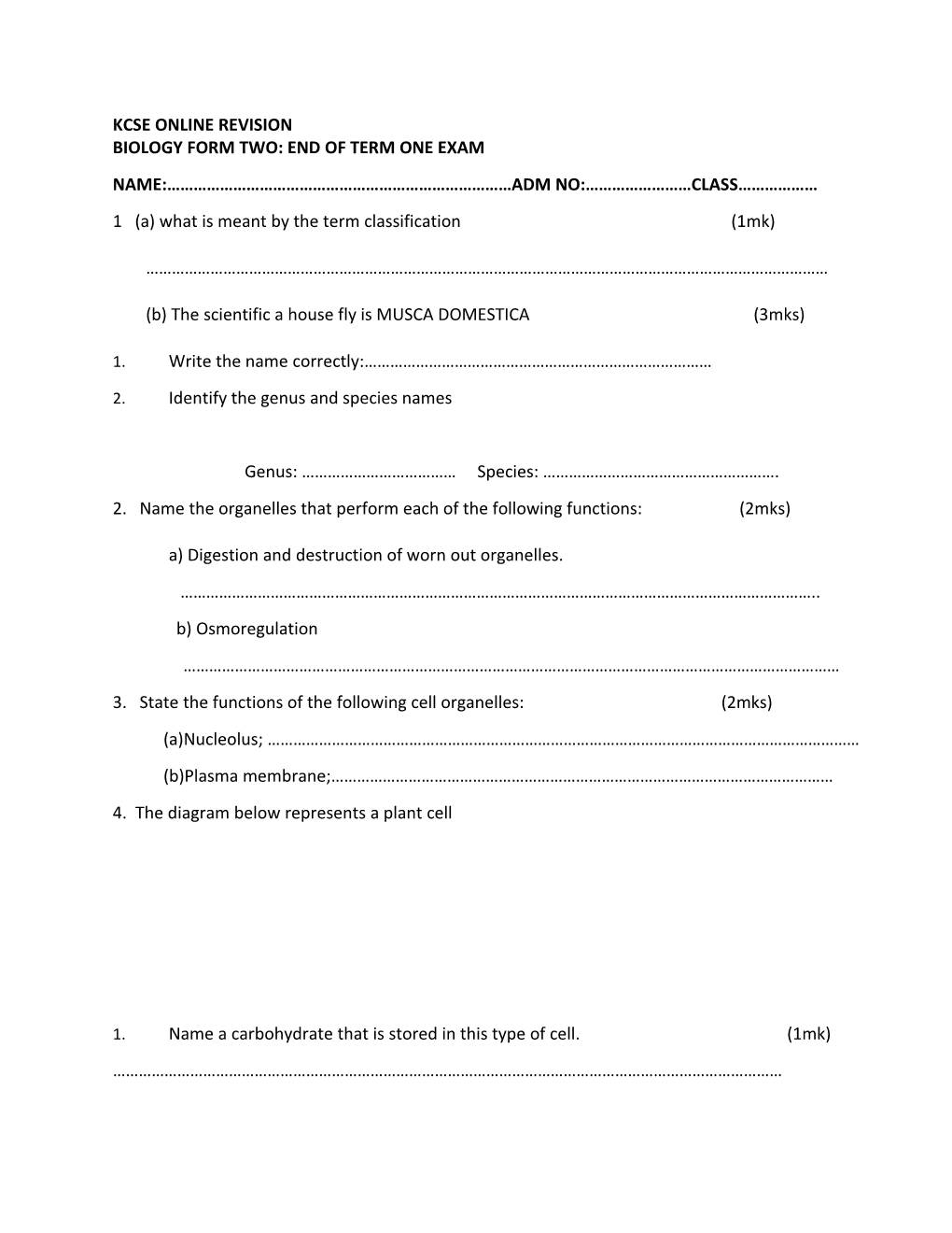 Biology Form Two: End of Term One Exam