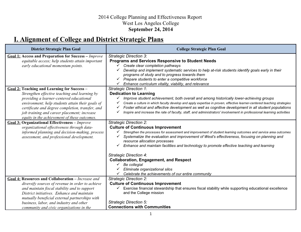 I. Alignment of College and District Strategic Plans