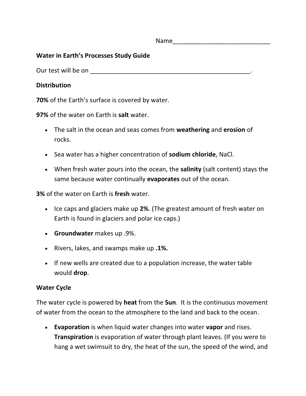 Water in Earth S Processes Study Guide