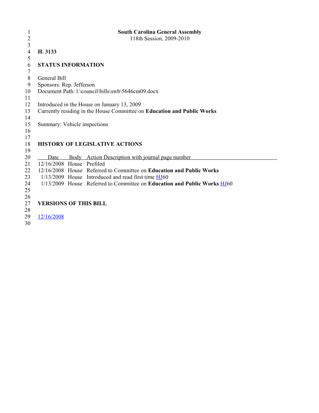 2009-2010 Bill 3133: Vehicle Inspections - South Carolina Legislature Online