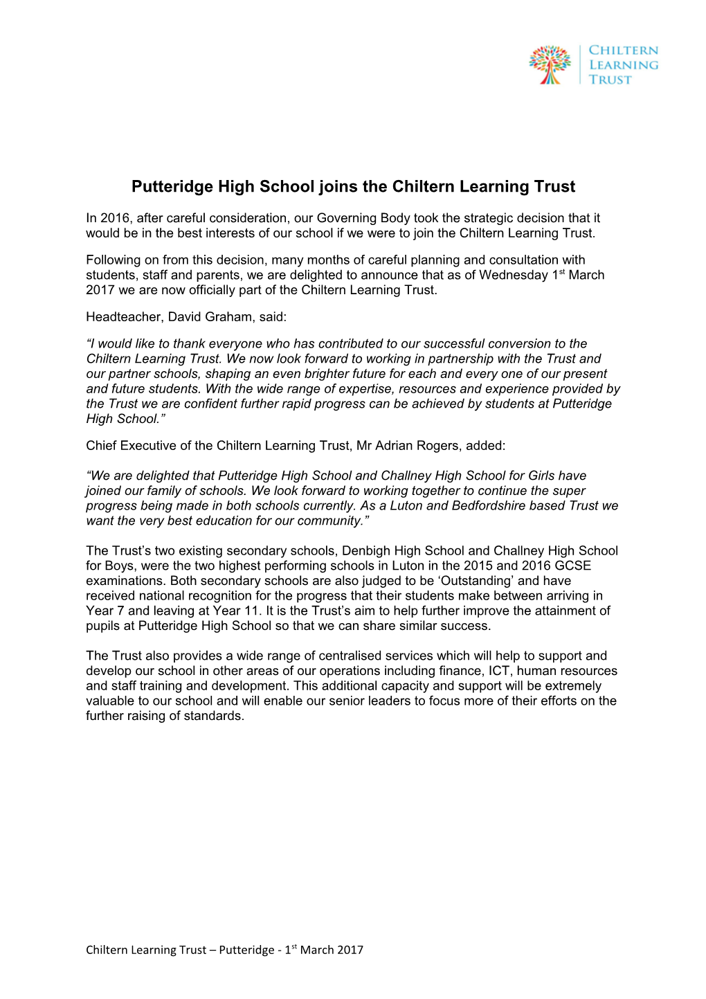 Putteridge High Schooljoins the Chiltern Learning Trust