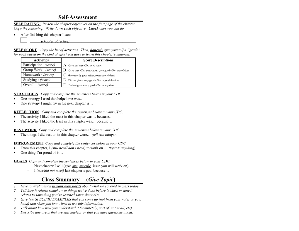 Chapter Checklist and Self-Assessment Worksheet