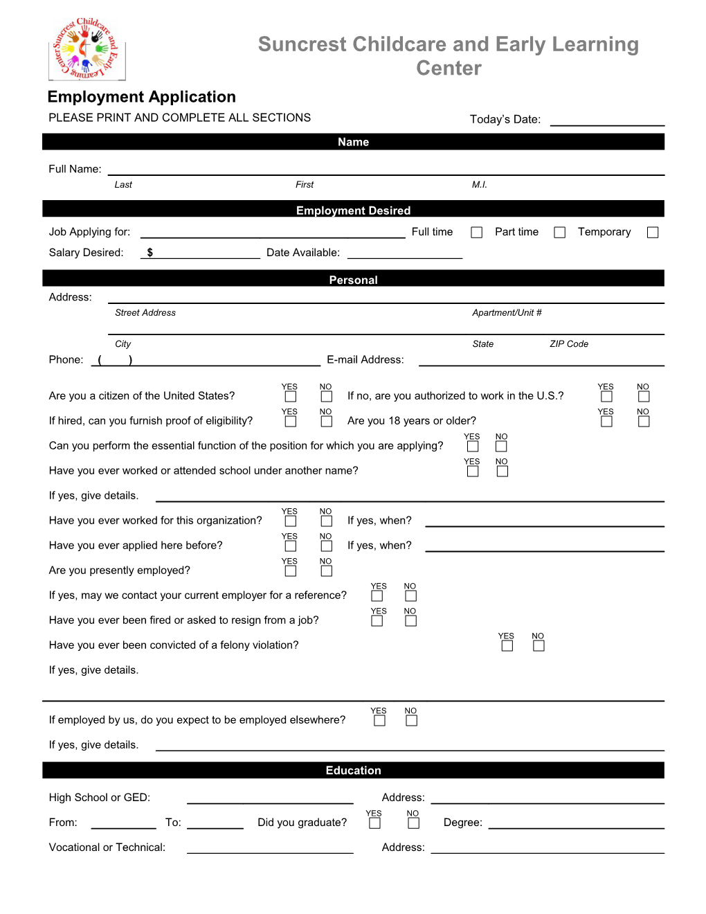 Please Print and Complete All Sections