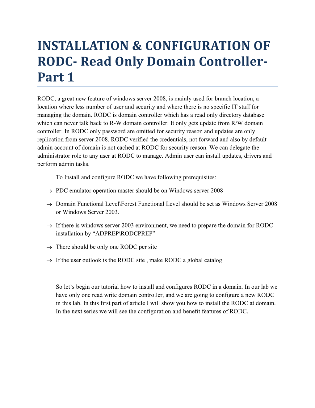 INSTALLATION & CONFIGURATION of RODC- Read Only Domain Controller- Part 1