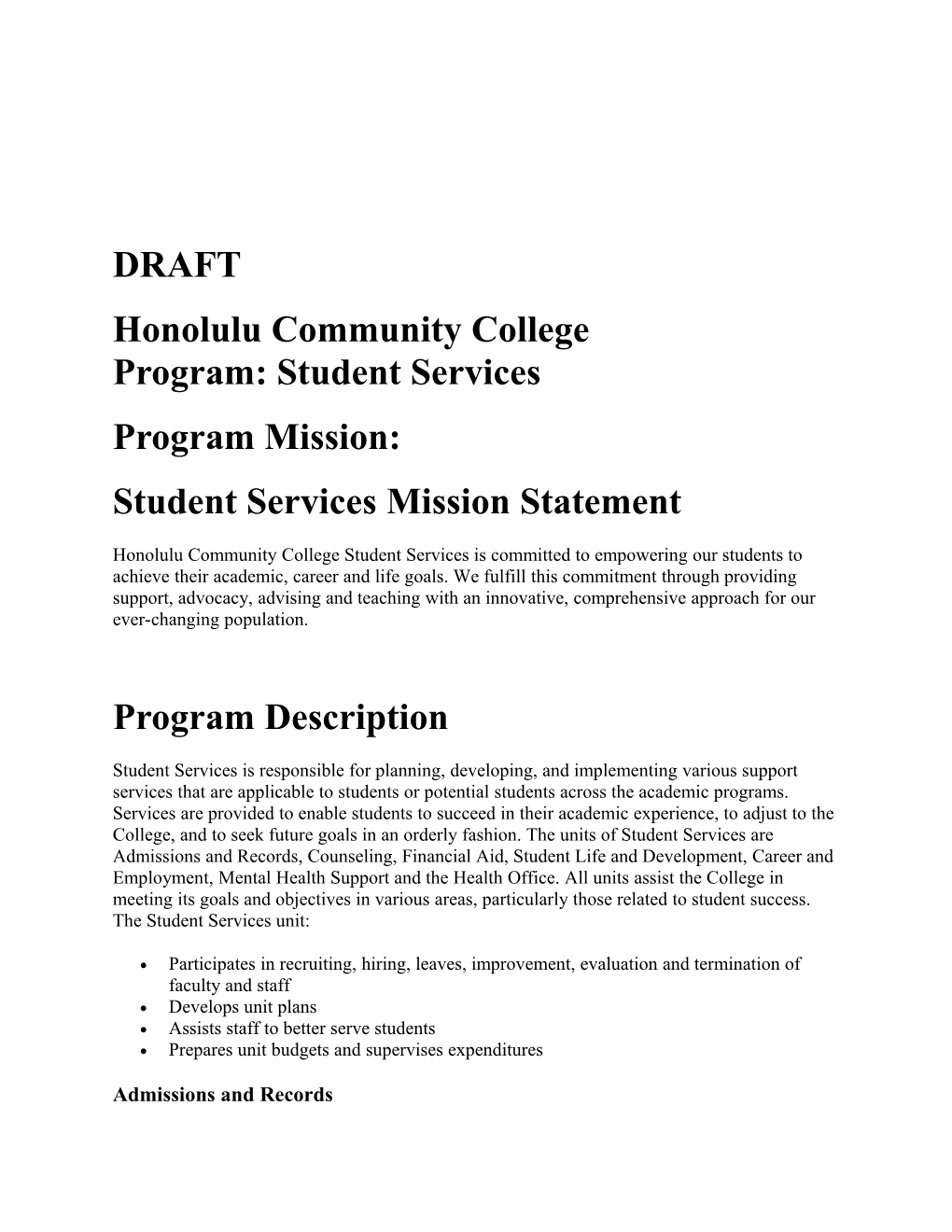 Honolulu Community College Program: Student Services