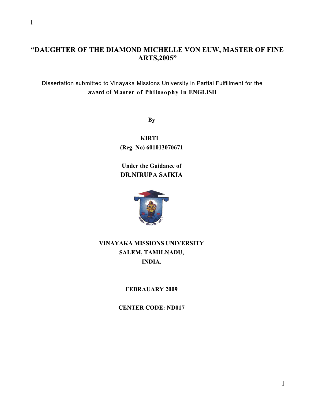 Model Format for Dissertation Front Page