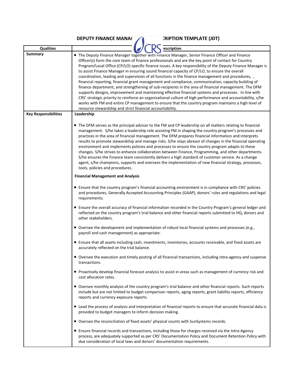 Deputyfinancemanager Job Description Template (Jdt)