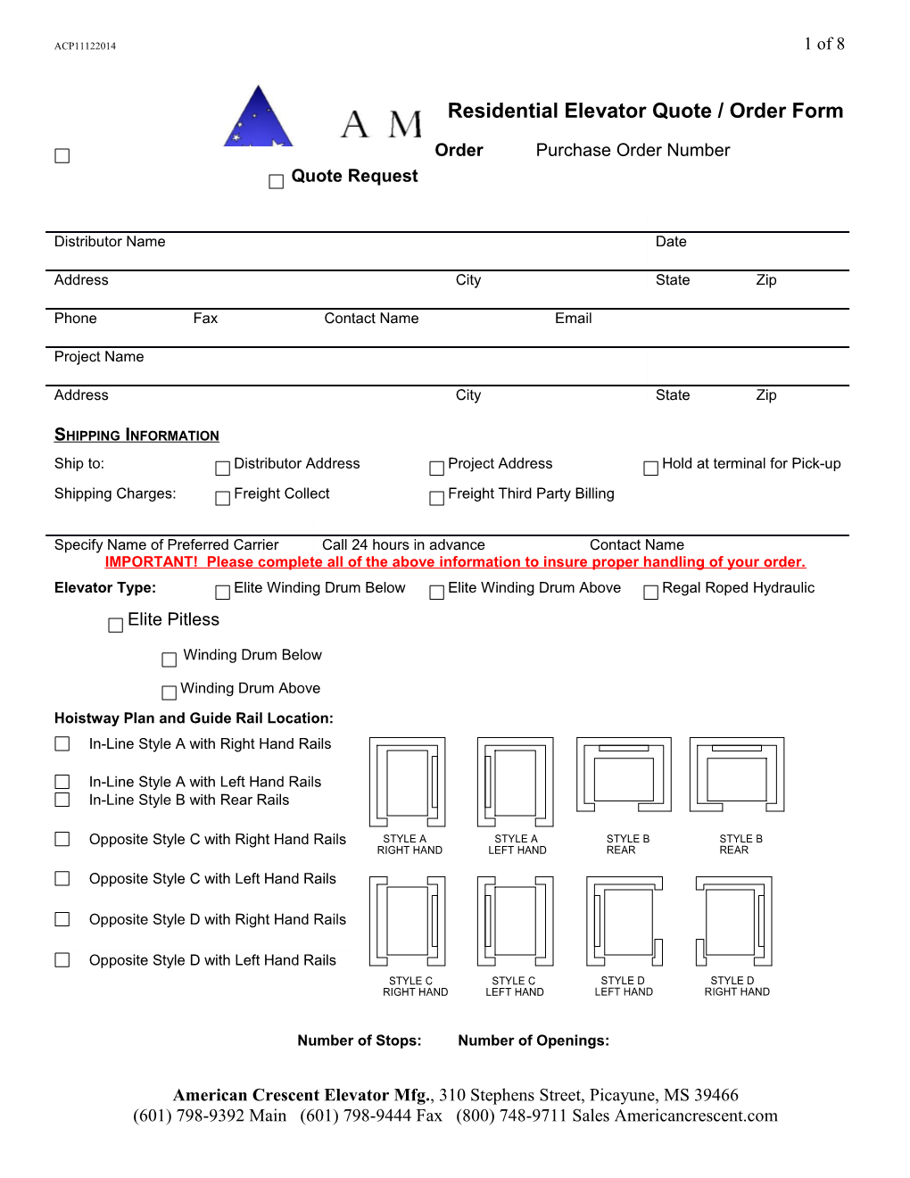 Residential Elevator Quote / Order Form