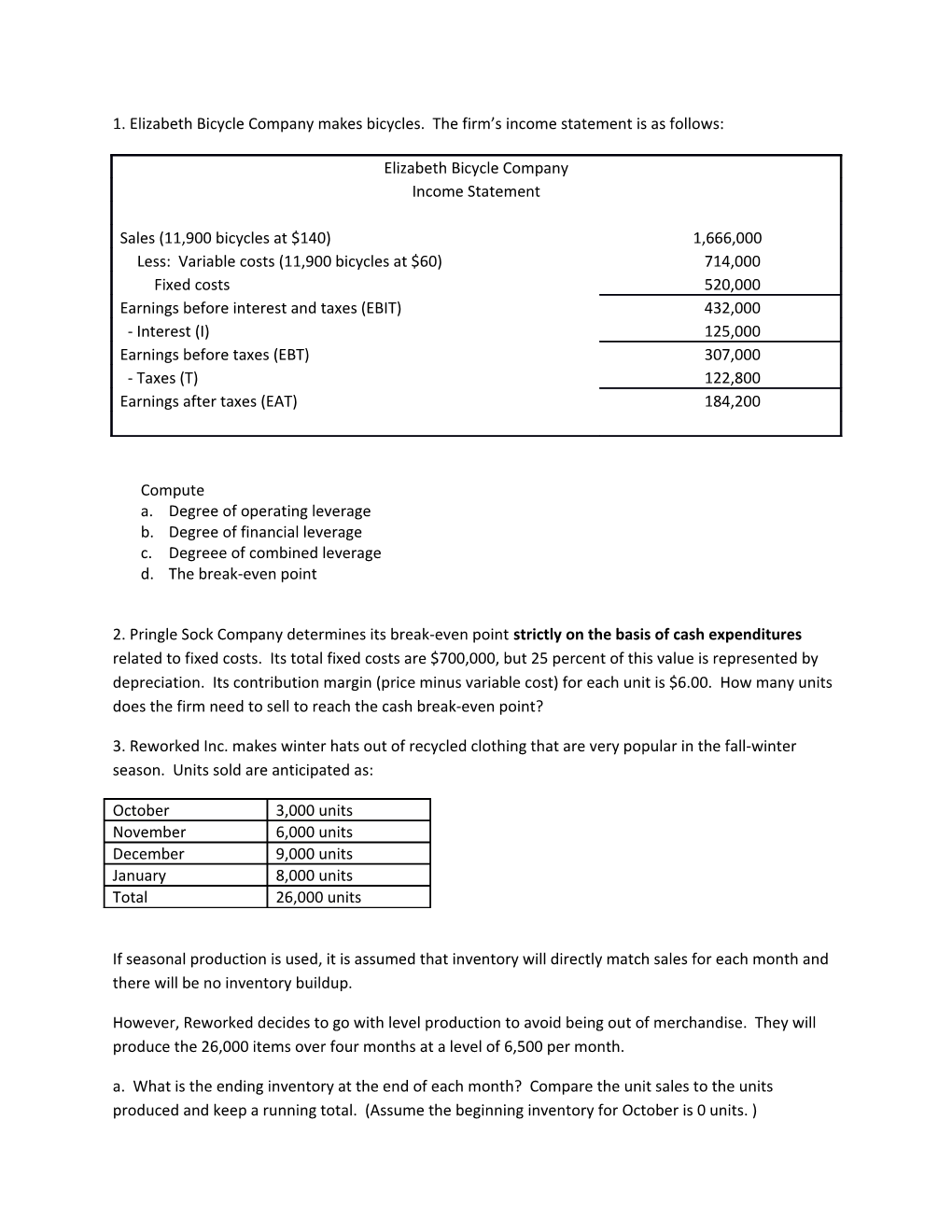 1. Elizabeth Bicycle Company Makes Bicycles. the Firm S Income Statement Is As Follows