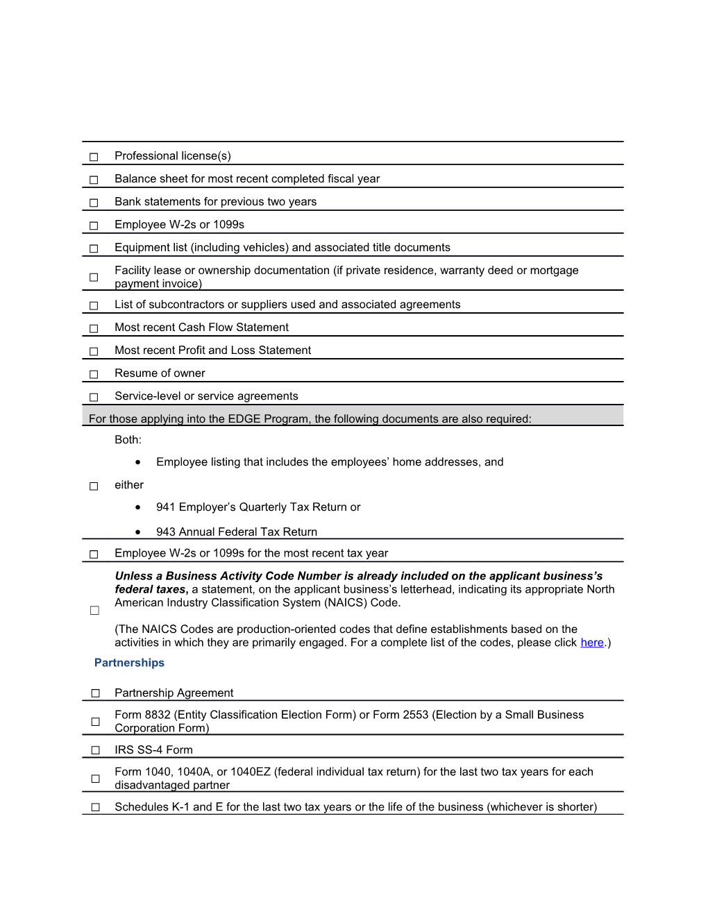 Supporting Document Checklist for The