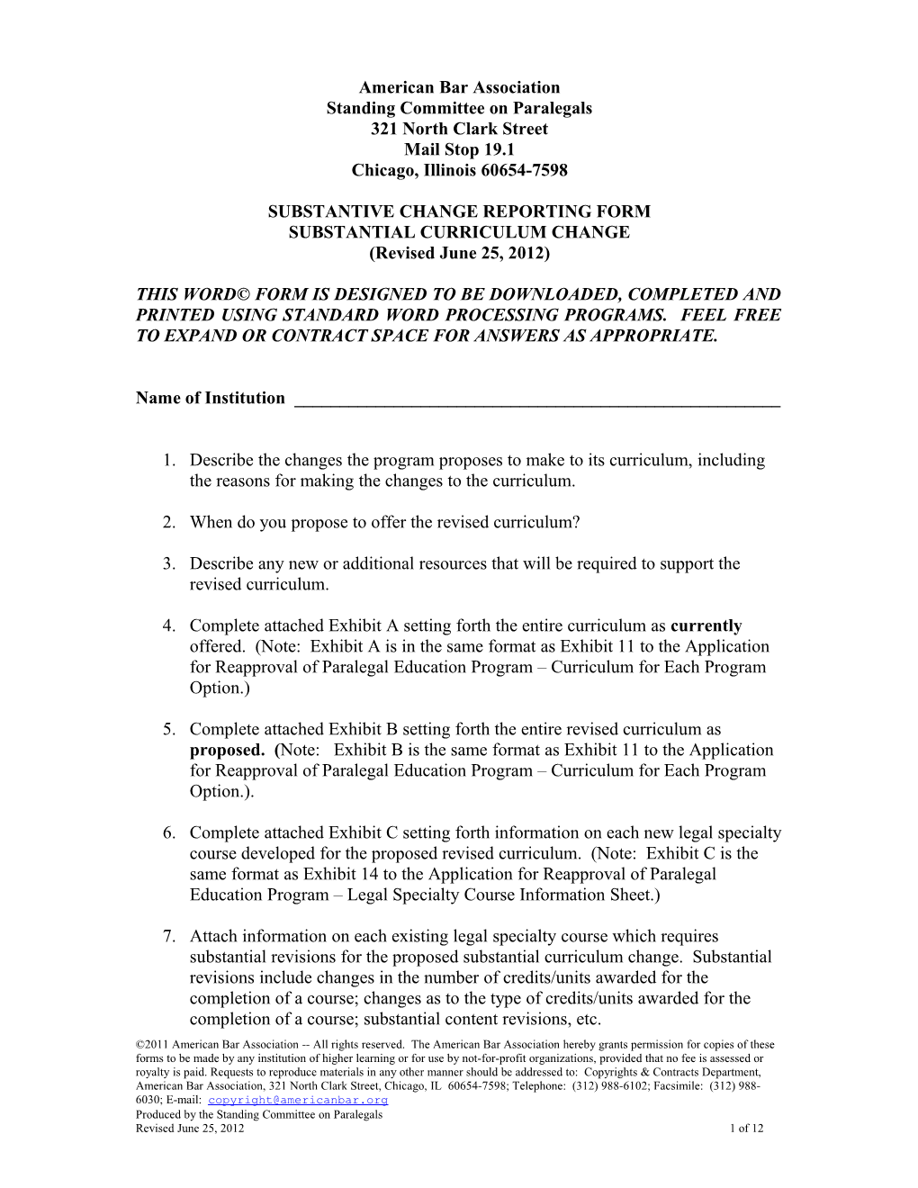 Substantive Change Reporting Form - Substantial Curriculum Change