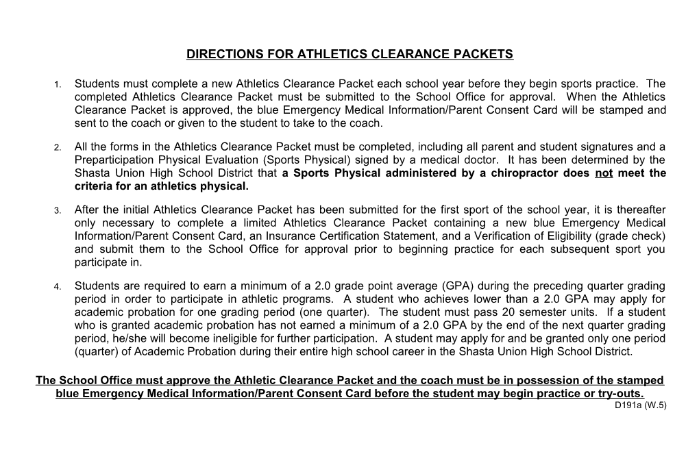 Directions for Athletic Clearance Packets