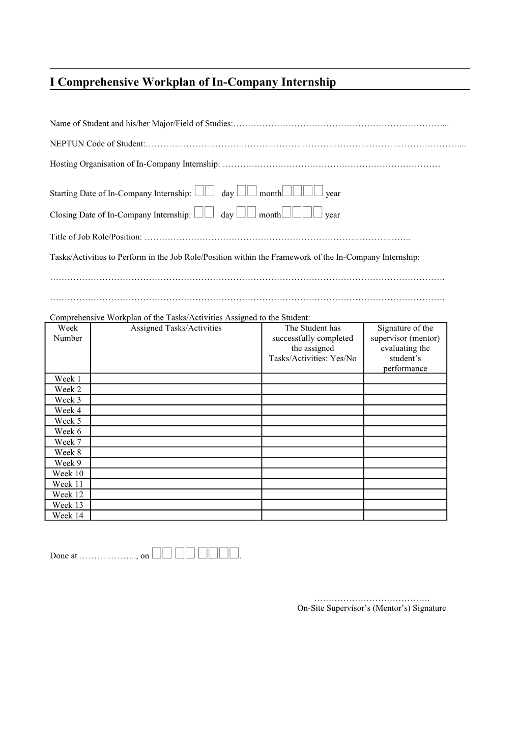 I Comprehensive Workplan of In-Company Internship