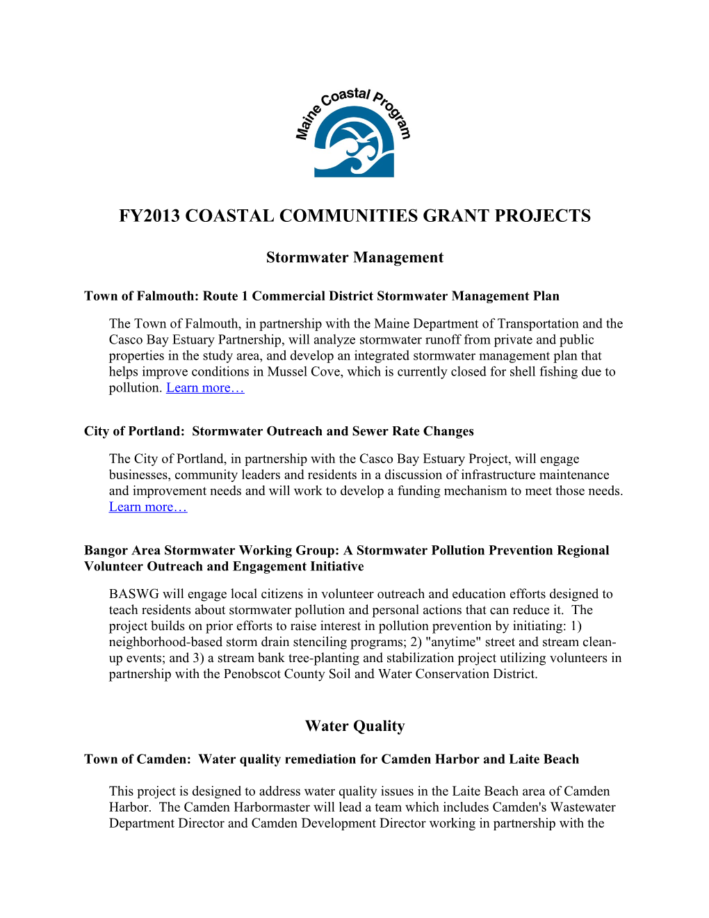 Fy2013 Coastal Communities Grant Projects
