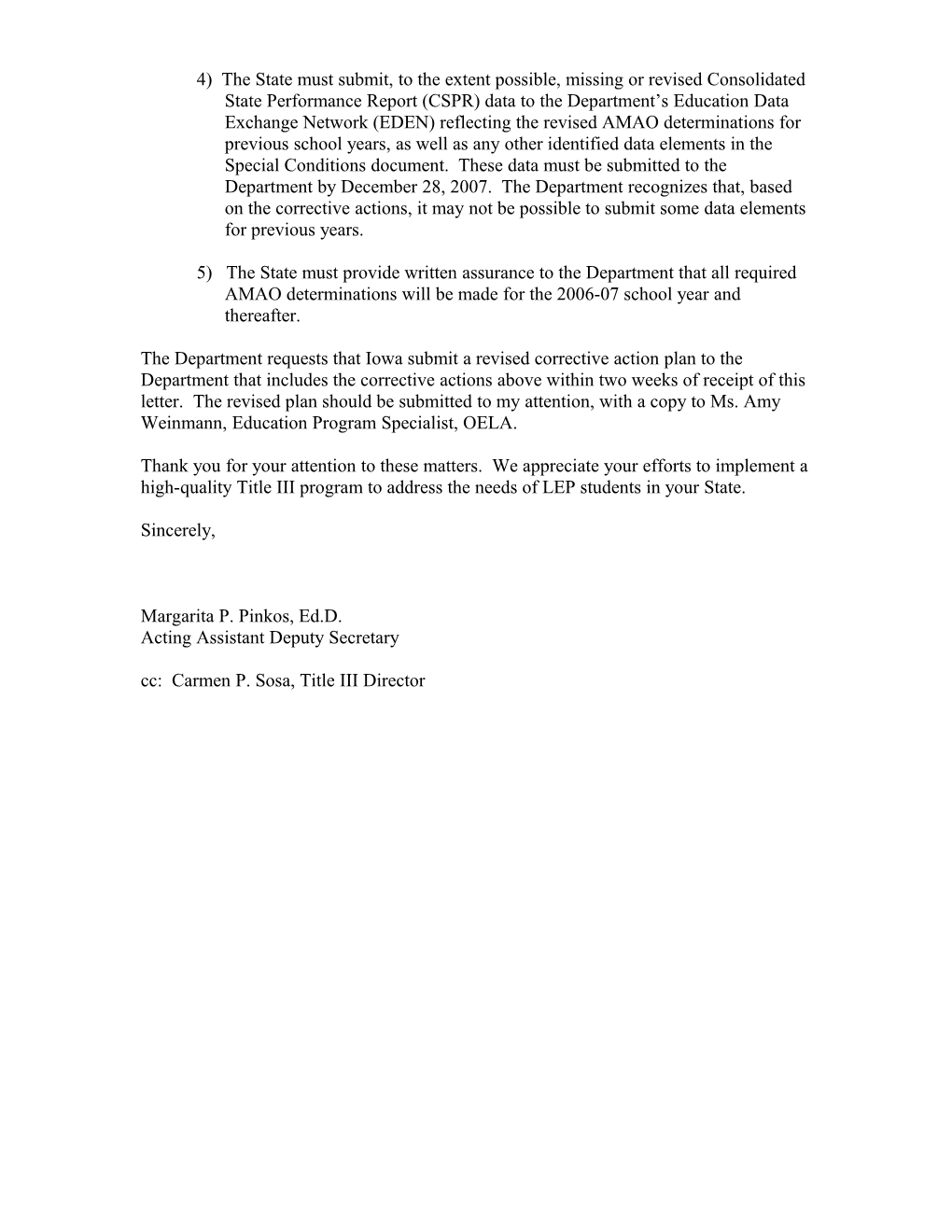Letter Regarding the Title III, Part a Grant Award Made to Iowa MS Word