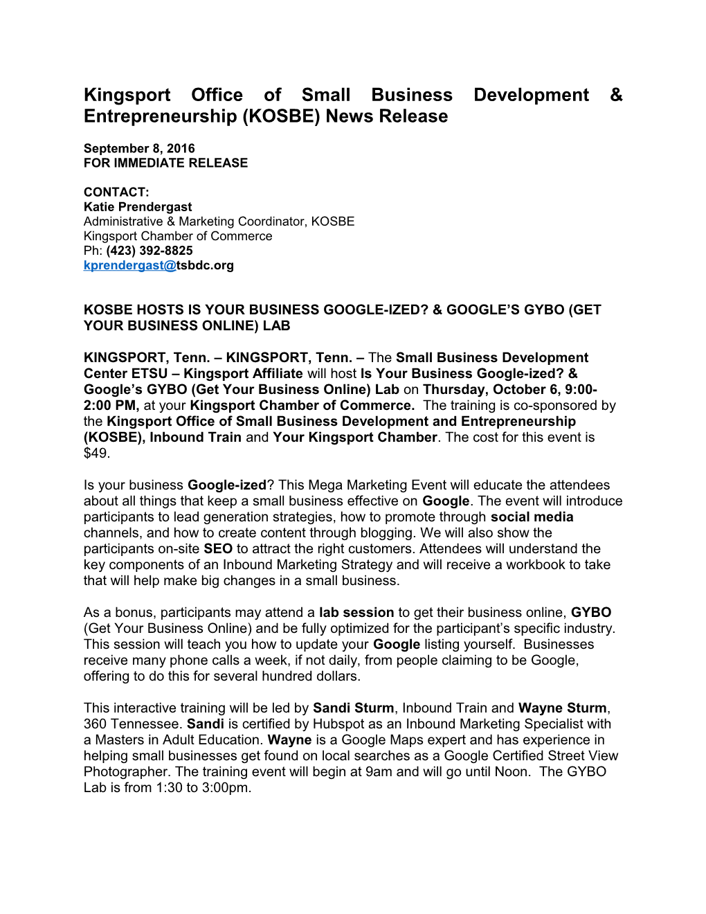 Kingsport Office of Small Business Development & Entrepreneurship (KOSBE) News Release