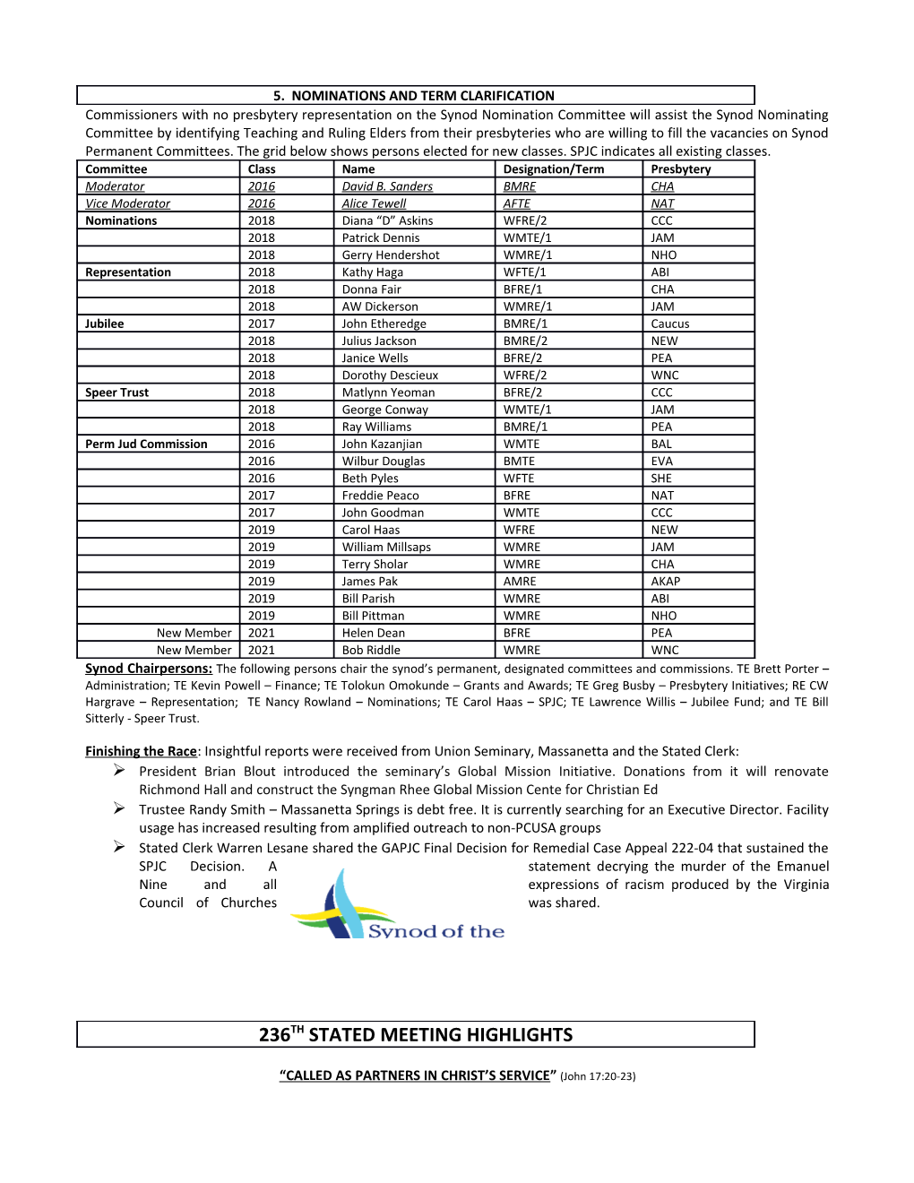 Commissioners with No Presbytery Representation on the Synod Nomination Committee Will