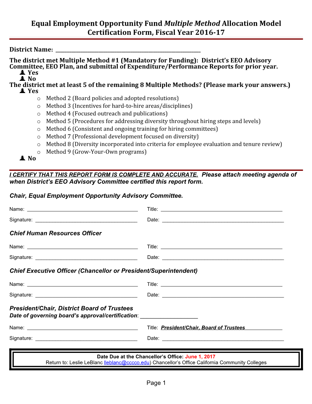 Equal Employment Opportunity Fund Multiple Method Allocation Model Certification Form