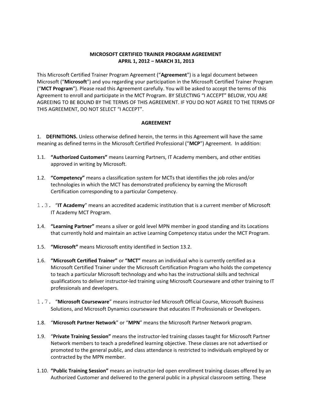 Microsoft Certified Trainerprogram Agreement