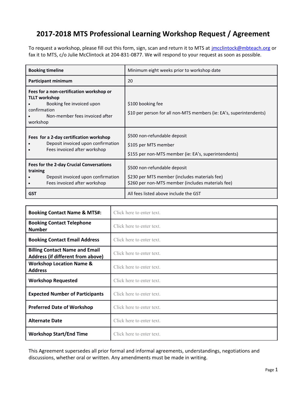 2017-2018MTS Professional Learning Workshop Request / Agreement