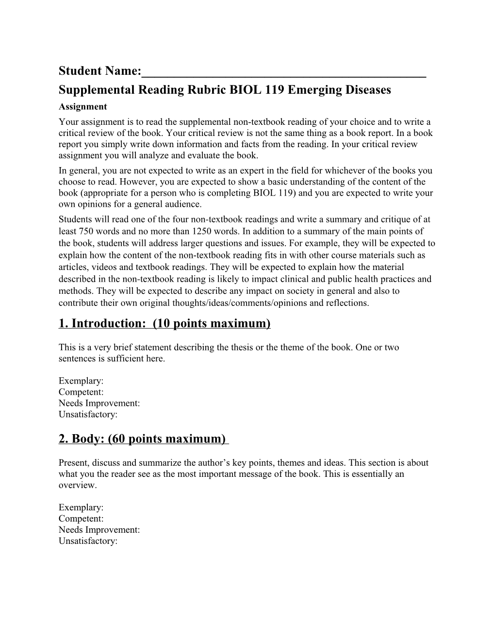 Supplemental Reading Rubric BIOL 119 Emerging Diseases