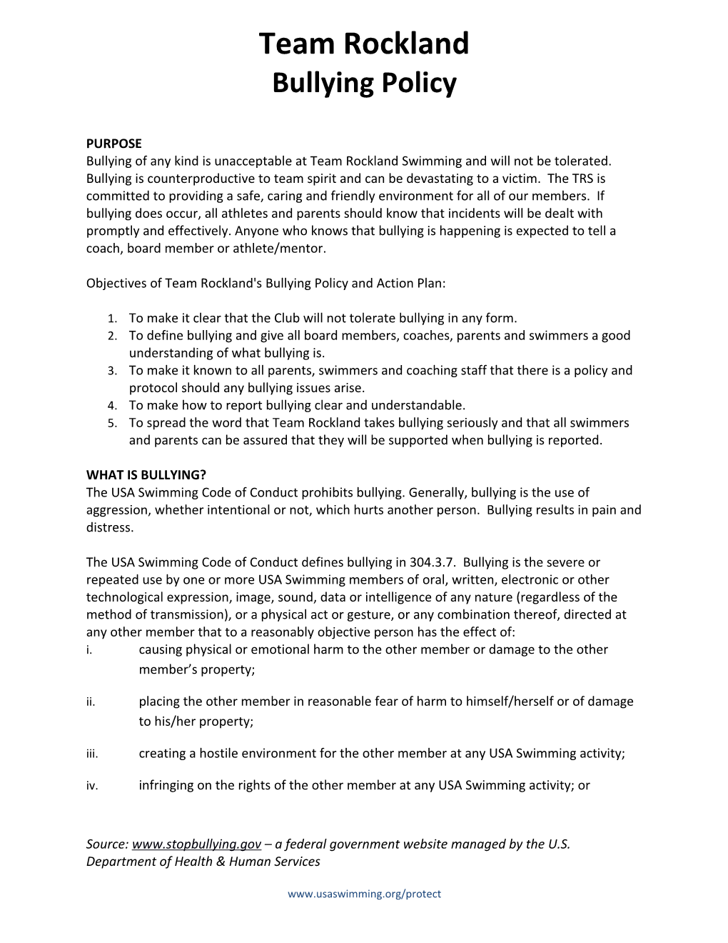 Objectives of Team Rockland's Bullying Policy and Action Plan