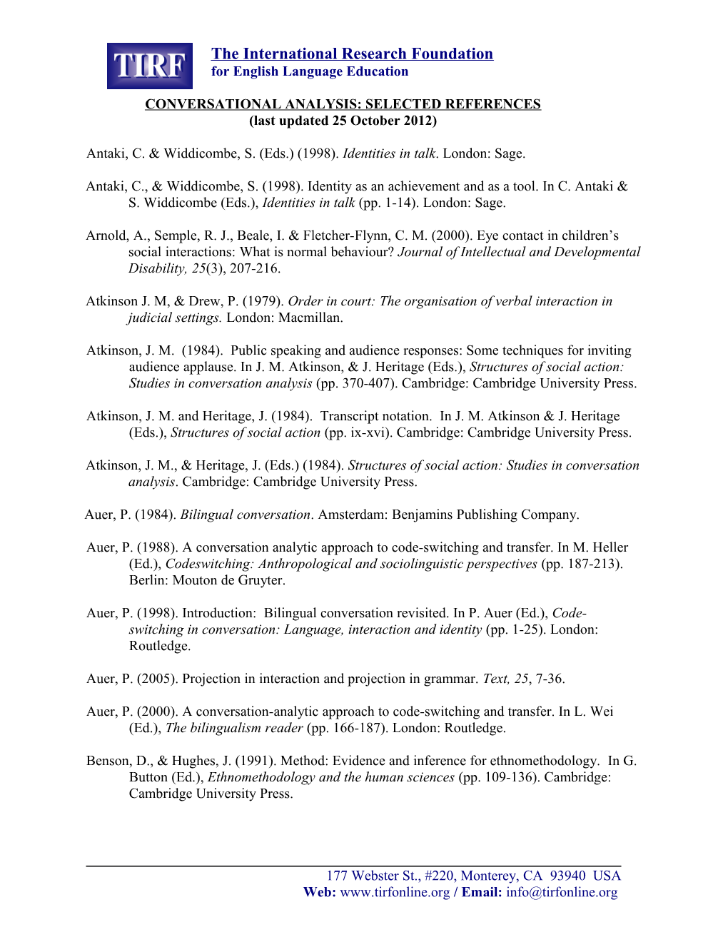 Conversational Analysis: Selected References