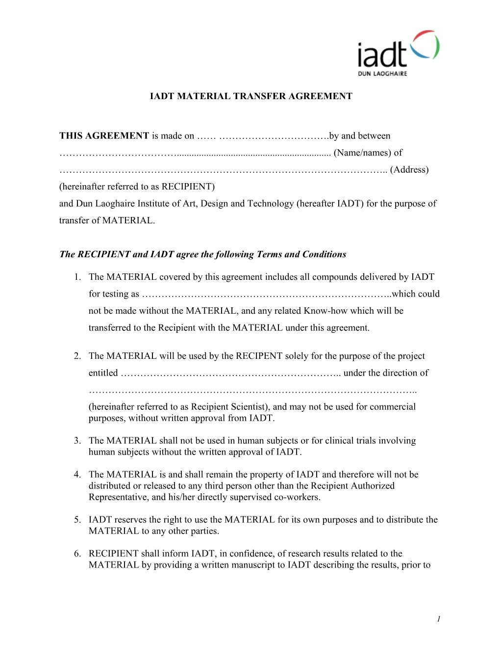 Iadt Material Transfer Agreement