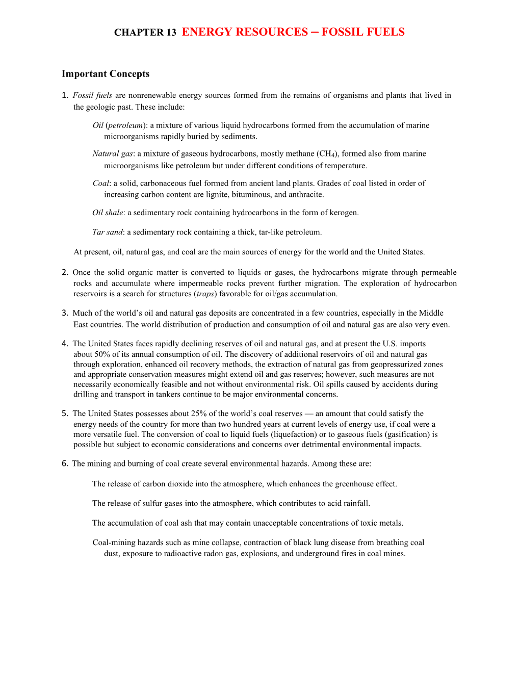 Chapter 13 Energy Resources Fossil Fuels