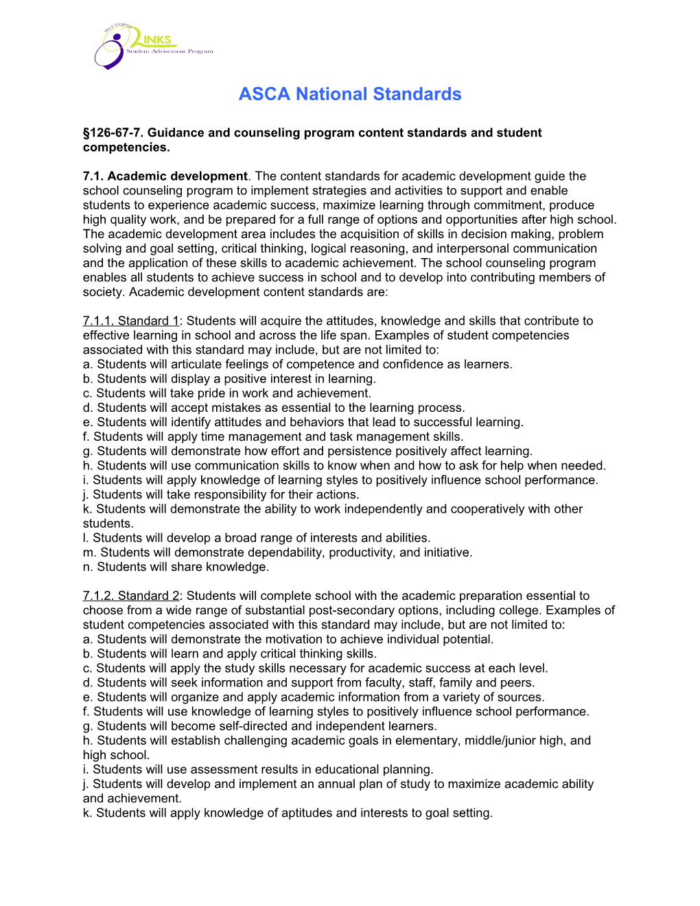 126-67-7. Guidance and Counseling Program Content Standards and Student Competencies