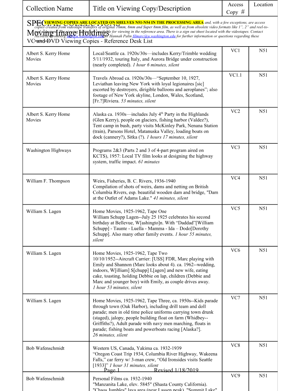 VC and DVD Viewing Copies- Reference Desk List