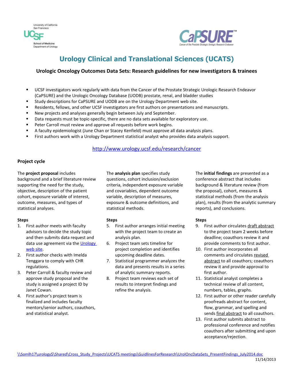 UCSF Urologic Oncology Data Sets: Checklist for Submitting Abstracts and Manuscripts