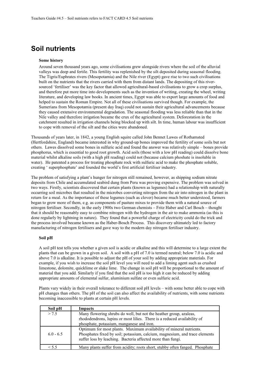 Teachers Guide #4.5 Soil Nutrients Refers to FACT CARD 4.5 Soil Nutrients