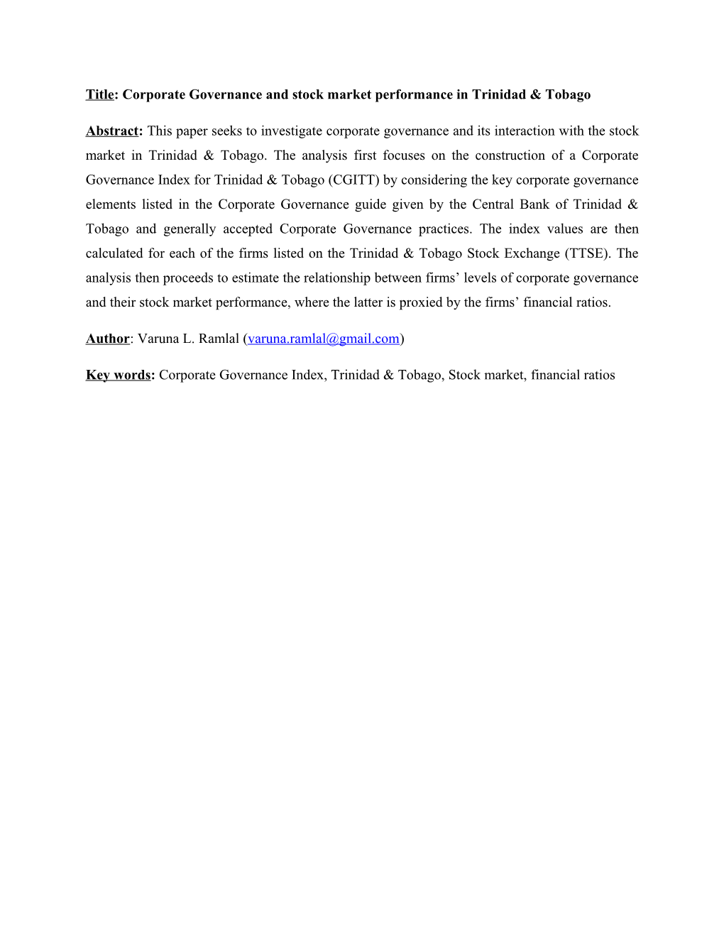 Title:Corporate Governance and Stock Market Performance in Trinidad & Tobago