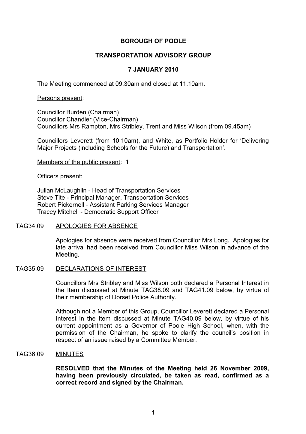 Minutes - Transportation Advisory Group - 7 January 2010