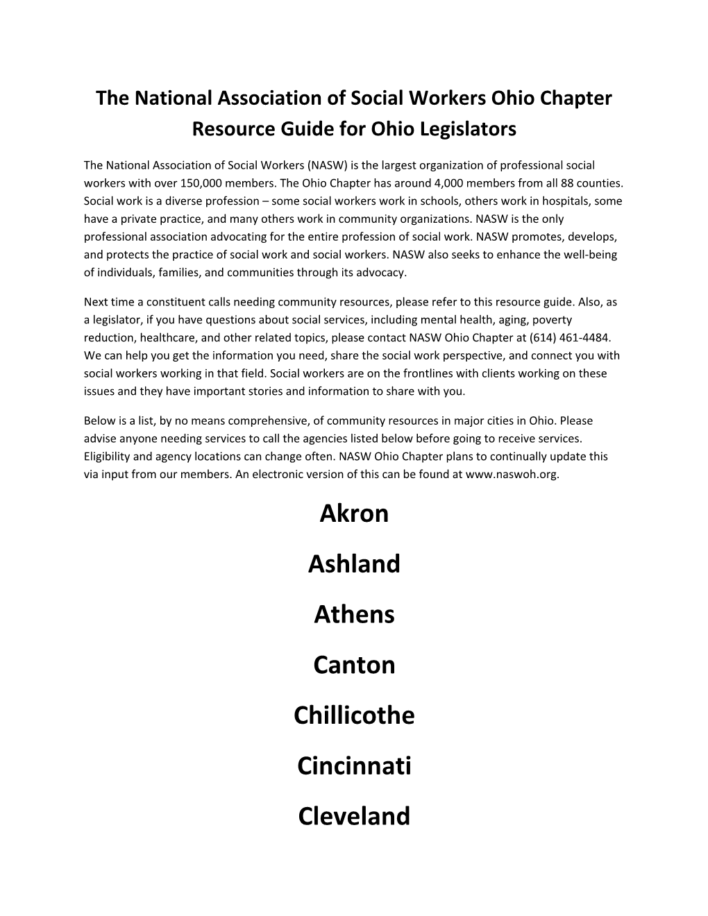 The National Association of Social Workers Ohio Chapter Resource Guide for Ohio Legislators